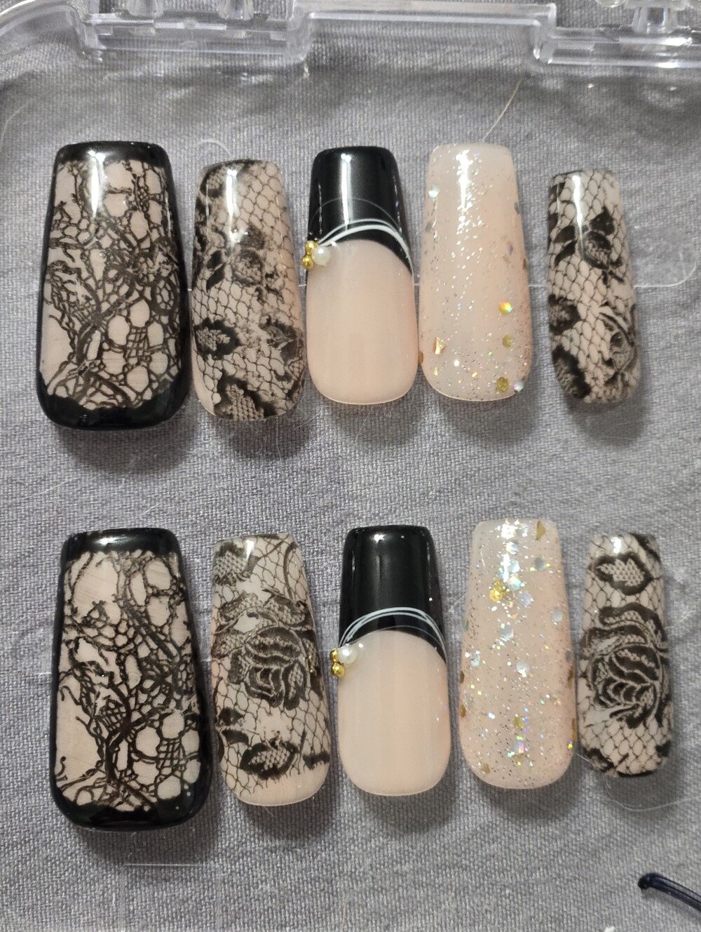 Black Lace and Nude Press-On Nail Set with Glitter Accents, Square Medium Length